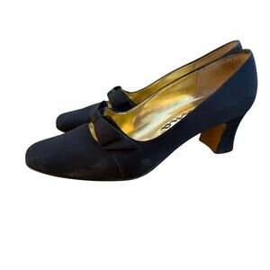 Nina Black Satin Heels with Bow - Size 7M, Gold Detail